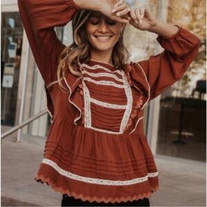 Bohme Rust Ruffle Lace Long Sleeve Cottagecore Soraya Blouse